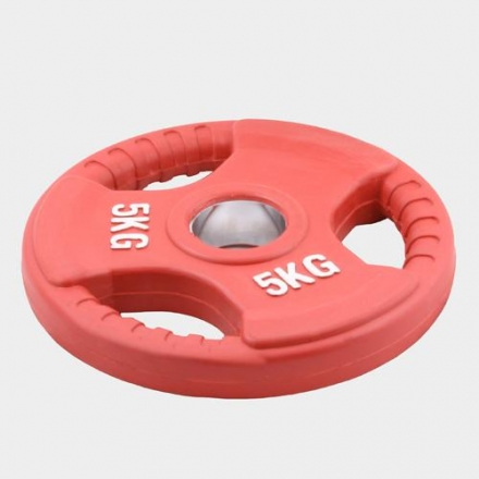 Олимпийский диск евро-классик с тройным хватом 5 кг. (обрезиненный, красный, d51мм.), фото 1