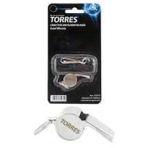 Свисток металлический с шариком "TORRES", шнурок с карабином в комплекте, серебр. металл