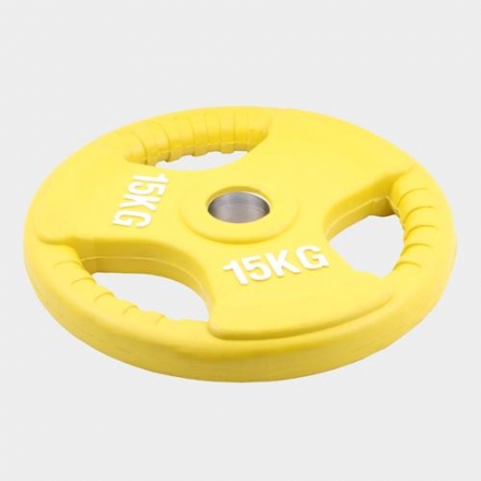 Олимпийский диск евро-классик с тройным хватом 15 кг. (обрезиненный, желтый, d51мм.), фото 1