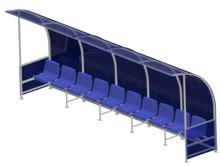 СКАМЕЙКА ДЛЯ ЗАПАСНЫХ ИГРОКОВ НА 10 МЕСТ С КОЗЫРЬКОМ ИЗ ПОЛИКАРБОНАТА, фото 1